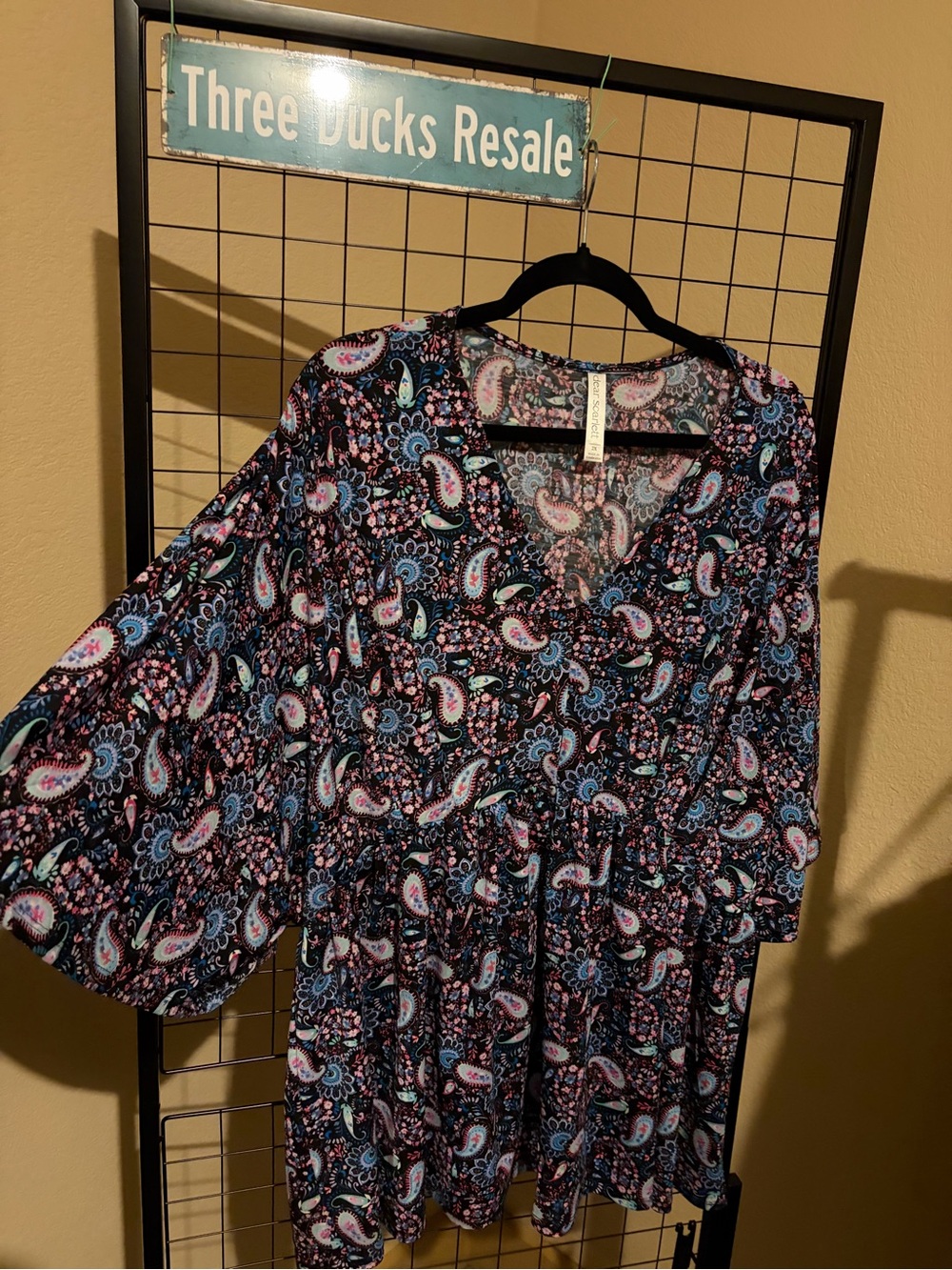 Paisley V-Neck Tiered Tunic Top - Black with Blue & Pink Paisley